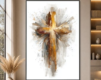 Puede incluir: Una pieza de arte mural rectangular vertical que presenta una cruz de estilo acuarela abstracta en tonos dorados, bronce y gris. La cruz está centrada sobre un fondo blanco con pinceladas radiantes y salpicaduras de pintura.