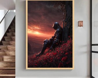 Mittelalterlicher Ritter Leinwand Druck, Sonnenuntergang Landschaft, Fantasy Wand Kunst, Große Leinwand Wand Kunst, übergroßes Statement Piece