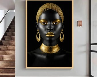 Black and Gold African Woman Portrait Canvas, Modern Glam Art, Large Canvas Wall Art, Oversized Statement Piece