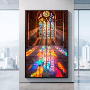 Impresión en lienzo de vitral, rayos de luz coloridos, decoración de iglesia, lienzo grande para pared, pieza llamativa de gran tamaño