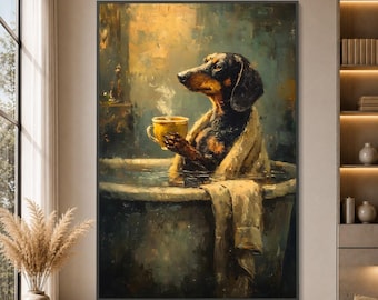 May include: A framed wall art print depicting a black and tan dachshund sitting in a bathtub filled with water. The dog is wrapped in a beige towel and holds a steaming yellow mug. The painting features warm, golden lighting and textured brushstrokes.