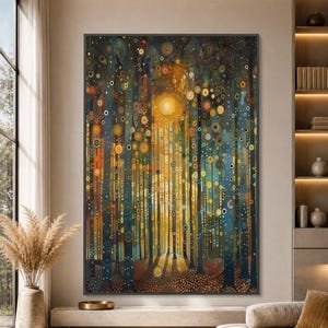 Lienzo de Gustav Klimt con un camino forestal, arte abstracto de árboles, lienzo con luz solar dorada, naturaleza moderna - Arte mural en lienzo grande, pieza destacada de gran tamaño