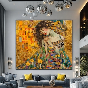 Klimt Inspired Golden Woman Canvas Print, Art Nouveau Portrait, Large Canvas Wall Art, Oversized Statement Piece