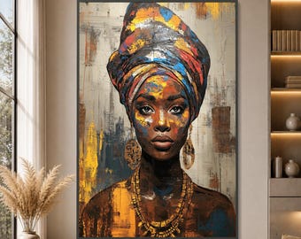 Vibrant African Woman Portrait Canvas, Colorful Headwrap Wall Art, Ethnic Face Painting Canvas, Bold Culture Decoration, Ready to Hang