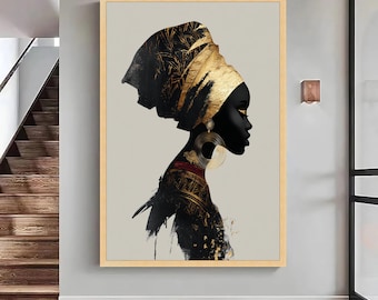 Black and Gold African Woman Canvas Art, Ethnic Portrait Print, Large Canvas Wall Art, Oversized Statement Piece