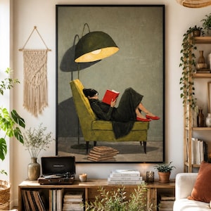 Cozy Reading Moment Canvas, Woman on Green Chair Art, Red Shoes Wall Decor, Buchliebhaber - Book Lover Art, Oversized Statement Piece