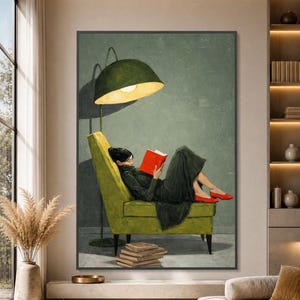 Gemütlicher Lesemoment Leinwand, Frau auf grünem Stuhl Kunst, Rote Schuhe Wanddekor, Buchliebhaber - Book Lover Art, übergroßes Statement Piece