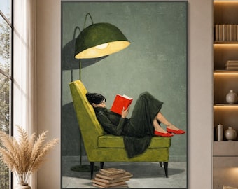 Lienzo con la imagen de un momento acogedor de lectura, arte de una mujer en una silla verde, decoración de pared con zapatos rojos, arte para amantes de los libros, pieza decorativa de gran tamaño.