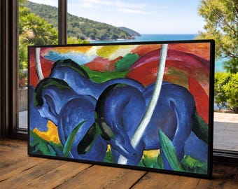 大きな青い馬 - フランツ・マルクの手描き油絵複製、3頭の抽象的な