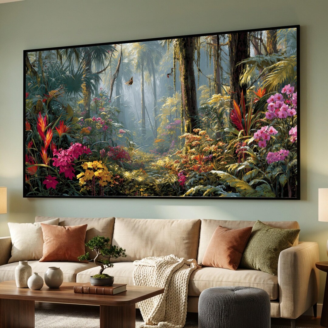 Tropical Rainforest Landscape Canvas, Lush Jungle Flowers Wall Art ...