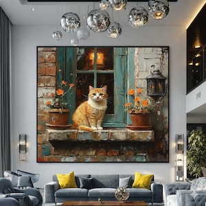 Cozy Cat on Rustic Window Ledge Canvas, Ginger Cat Wall Art, Vintage Floral Pot Decor, - Large Canvas Wall Art, Oversized Statement Piece