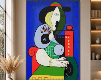 Picasso Style Woman Portrait Canvas, Colorful Cubism Wall Art, Large Canvas Wall Art, Oversized Statement Piece
