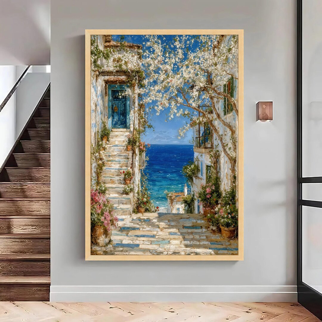 Mediterranean Sea View Canvas Print, Coastal Village, Blue Door Wall ...