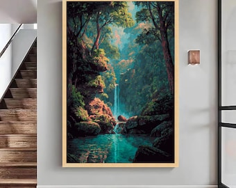 Lush Forest Waterfall Canvas Print, Serene Nature Wall Art, Large Canvas Wall Art, Oversized Statement Piece