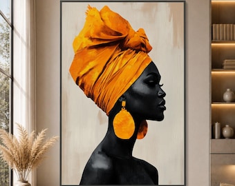 Bold African Woman Portrait Canvas, Orange Headwrap Wall Art, Modern Black Silhouette Painting, Ethnic Home Decoration, Ready to Hang