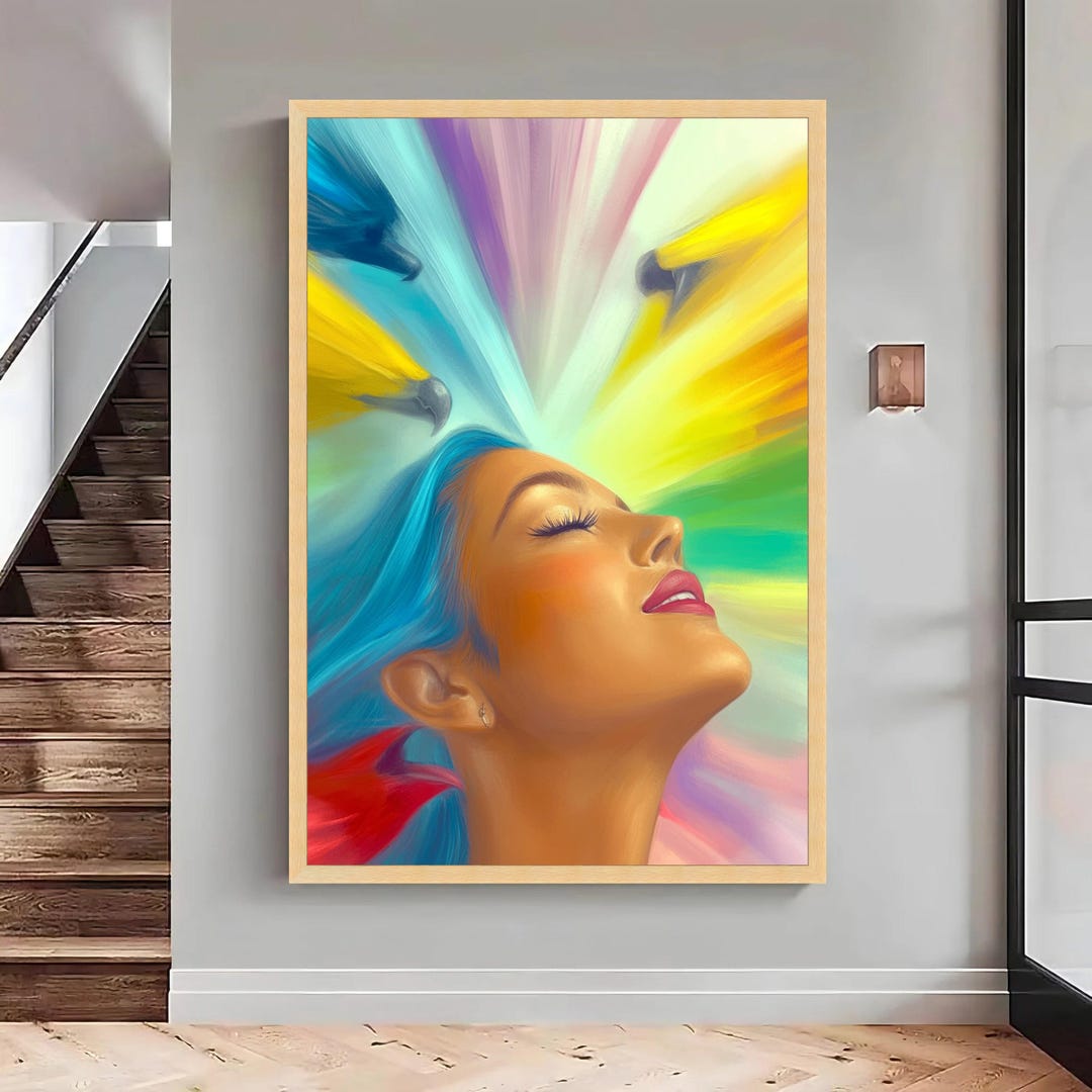 Abstract Woman Portrait Canvas, Colorful Hair, Contemporary Wall Art ...