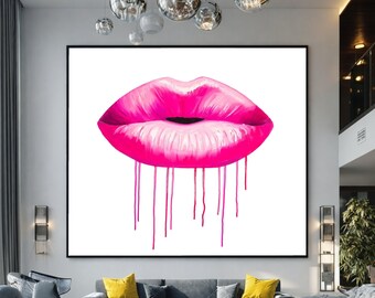 Dripping Pink Lips Canvas Print, Pop Art, Bold Wall Decor, Large Canvas Wall Art, Oversized Statement Piece