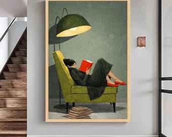 Cozy Reading Moment Canvas, Woman on Green Chair Art, Red Shoes Wall Decor, Floor Lamp - Large Canvas Wall Art, Oversized Statement Piece