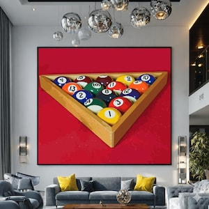 Canvas biljartballen, rek driehoek, decor gameroom, grote canvas muurkunst, extra groot statementstuk