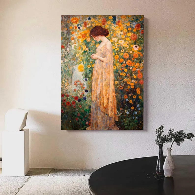 Gustav Klimt Floral Woman Canvas Print, Vintage Garden Wall Art, Large ...