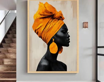 African Woman Canvas Art, Orange Headwrap, Ethnic Portrait, Home Decor, Large Canvas Wall Art, Oversized Statement Piece