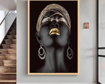 Zwarte vrouw portret canvas, goud accent Afro-Amerikaanse muurkunst, grote canvas kunst aan de muur, extra groot statement stuk