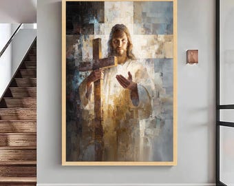 Jesus Holding Cross Canvas Print, Religious Wall Art, Ready to Hang, Large Canvas Wall Art, Oversized Statement Piece