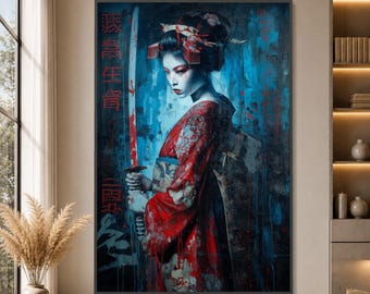 May include: A rectangular wall art print featuring a geisha in a red patterned kimono holding a katana. The artwork has a dark blue and black background with red paint splatters and vertical Japanese text characters in red on the left side.