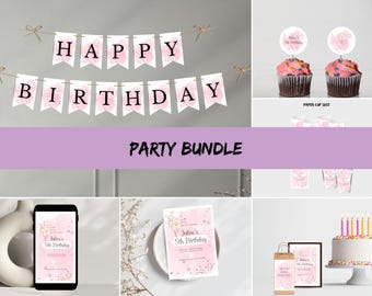 Ballonnen verjaardagsuitnodiging bundel, bewerkbare canvassjabloon, 5 x 7 afdrukbare & mobiele uitnodiging, partij set etiketten banner ontwerp, cupcake toppers