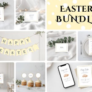 May include: An Easter-themed bundle featuring various stationery items. Includes a banner that reads "Happy Easter", invitation cards, RSVP cards, place cards, and a smartphone displaying an invitation. The color palette is soft, with cream and gold accents.