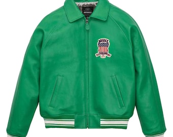 Chaqueta bomber Avirex de cuero verde auténtico para hombre, hecha a mano, estilo clásico.