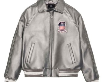 Oversized Handmade Men’s Avirex Silver Leather Bomber Jacket Iconic Style Streetwear