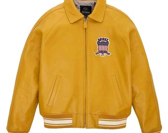 Leren Avirex-jas heren | Geel bomberjack | Iconische pilotenstijl | Jas van lamsleer