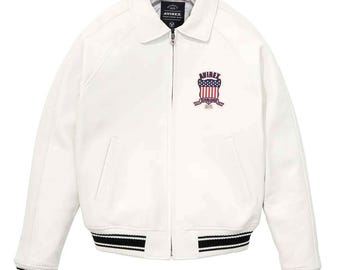 Chaqueta bomber Avirex de cuero blanco, estilo aviador, estilo urbano, de lujo, hecha a mano y de corte entallado.