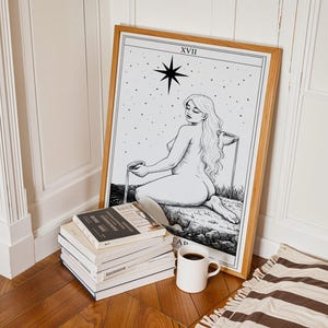 Black and white tarot card print Star symbolism illustration