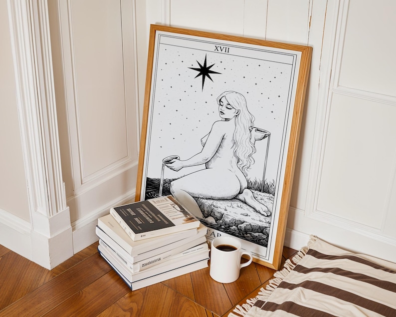 Black and white tarot card print Star symbolism illustration