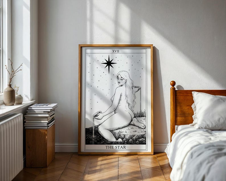 Fine line tarot illustration Star black white aesthetic print