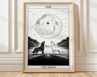 Der Mond Tarot Karte Poster | Minimalistischer schwarz weißer Tarot Print | Mystische Mond-Wand-Kunst | Spirituelles Dekor