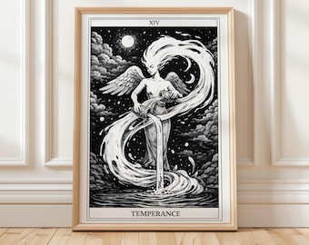 Temperance tarotkaartposter | Minimalistische zwart-witte tarotprint | Balance Harmony Angel-muurkunst | Spiritueel decor