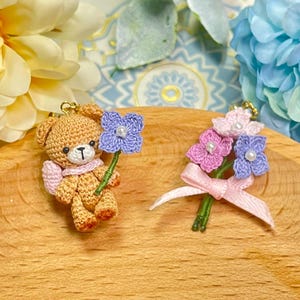 Tiny Teddy &Mini Flower Bouquet Earrings , Handmade Micro Crochet Earrings