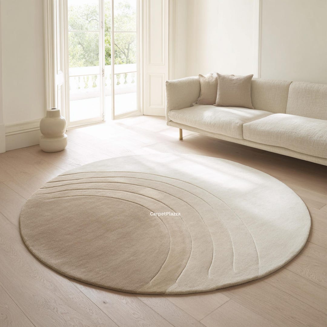 Tan Round Rug Hand-tufted Wool Round Rug | Beige Minimalist Curved-line Carpet - Etsy