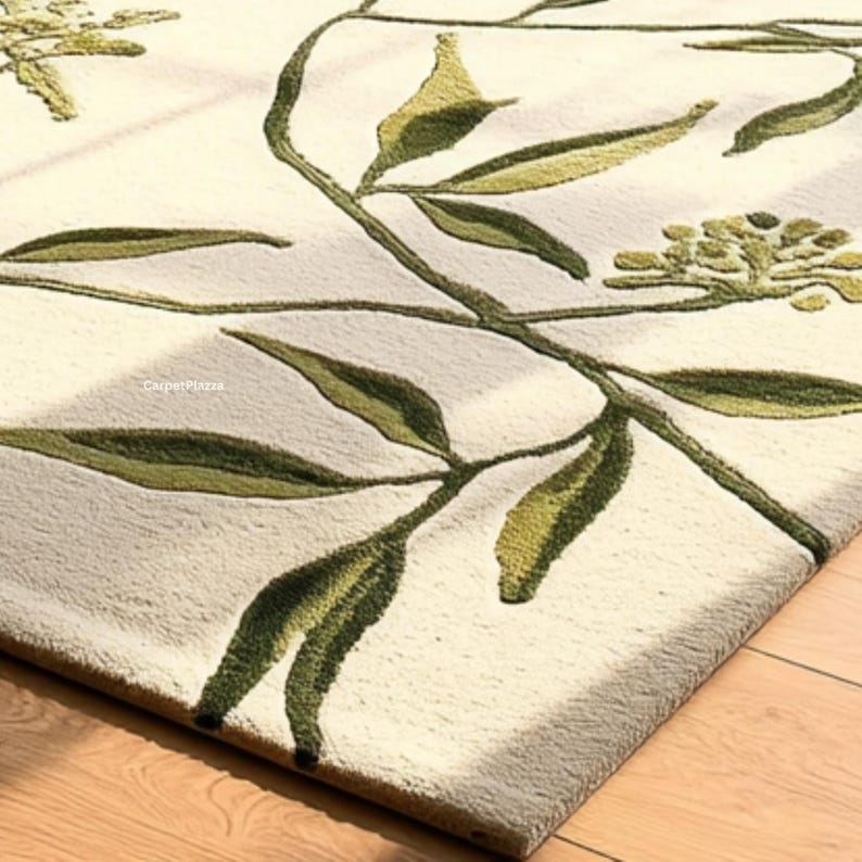 Botanical Leaf Wool Rug | Hand Tufted Floral Carpet | Green, Beige ...