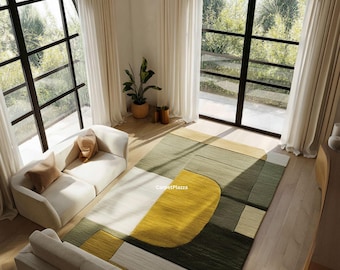 Modern Abstract Area Rug | Organic Geometric Living Room Rug | Minimalist Green, Yellow Contemporary Carpet