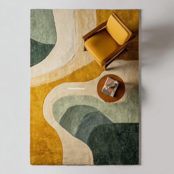 Modern Abstract Rug in Mustard Cream & Green | Soft Sculpted Pattern Carpet for Stylish Contemporary Spaces