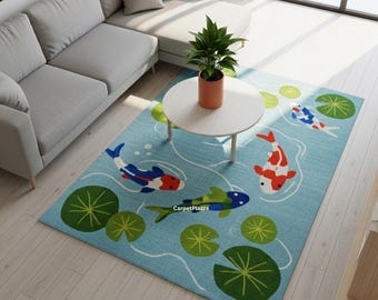 Koi Fisch Teppich | Blauer Teichteppich | Handgetufteter Bodenteppich aus Japan