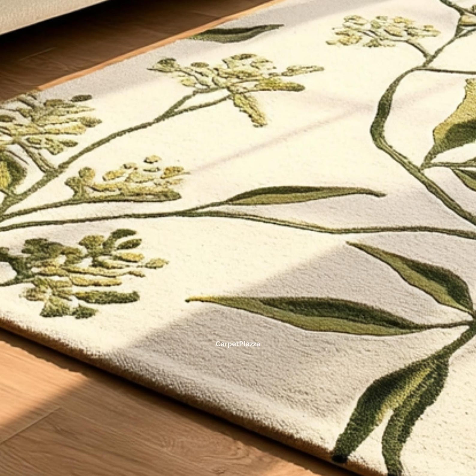 Botanical Leaf Wool Rug | Hand Tufted Floral Carpet | Green, Beige ...