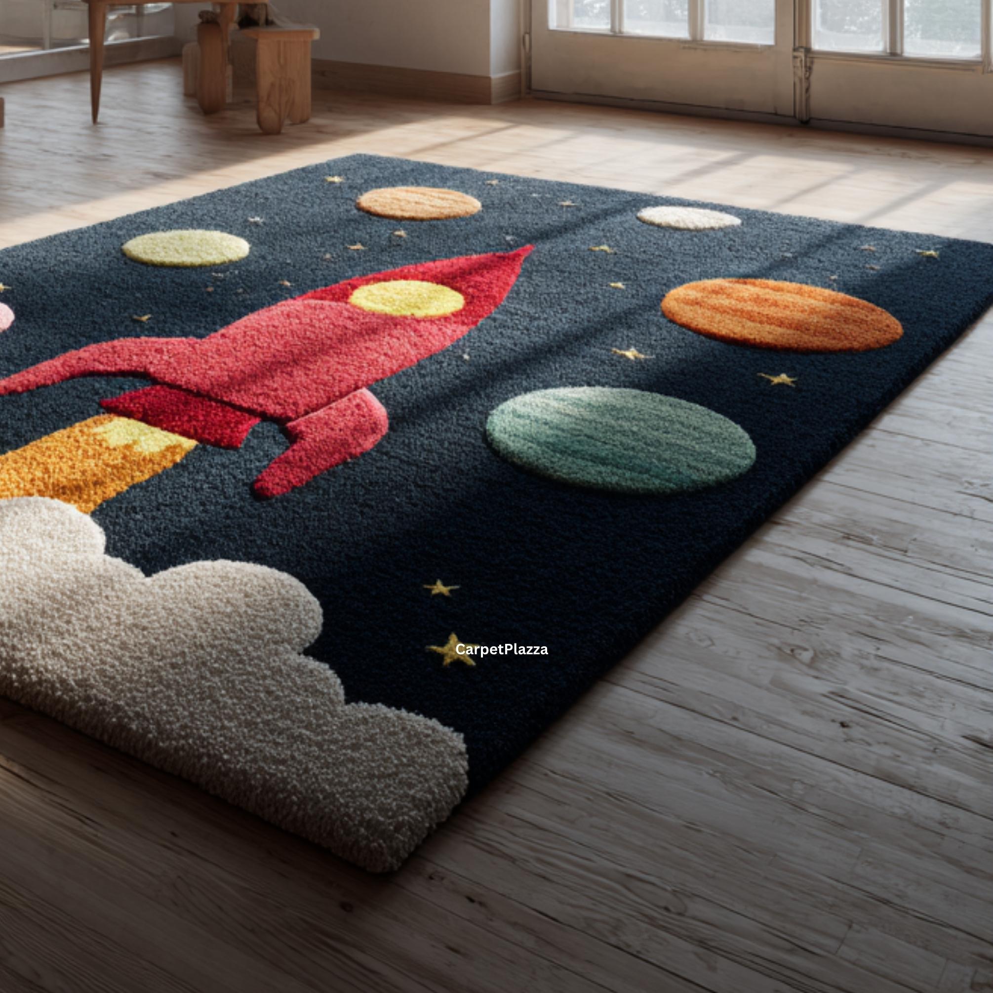 Navy Blue Kids Space Rocket Rug | Red, Yellow Rocket Ship Carpet With ...