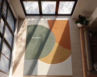 Modern Geometric Area Rug | Sage Green Terracotta Mustard Cream Decor | Abstract Handmade Carpet for Living Room