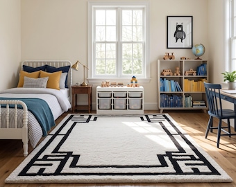 Hand Tufted Wool Carpet, Black White Greek Key Rug, Geometric Area Rug