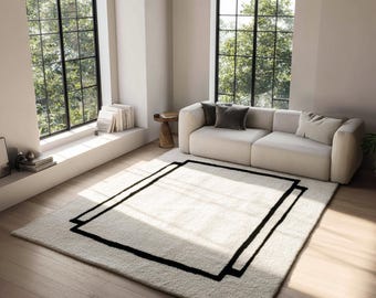 Alfombra minimalista con borde negro / Alfombra moderna de lana color marfil / Alfombra geométrica escandinava para sala de estar